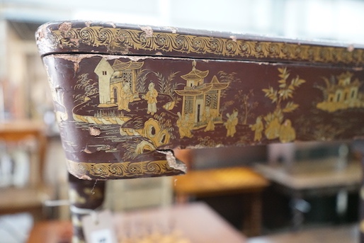 A 19th century Chinese export scarlet lacquer work table, width 62cm, depth 42cm, height 74cm